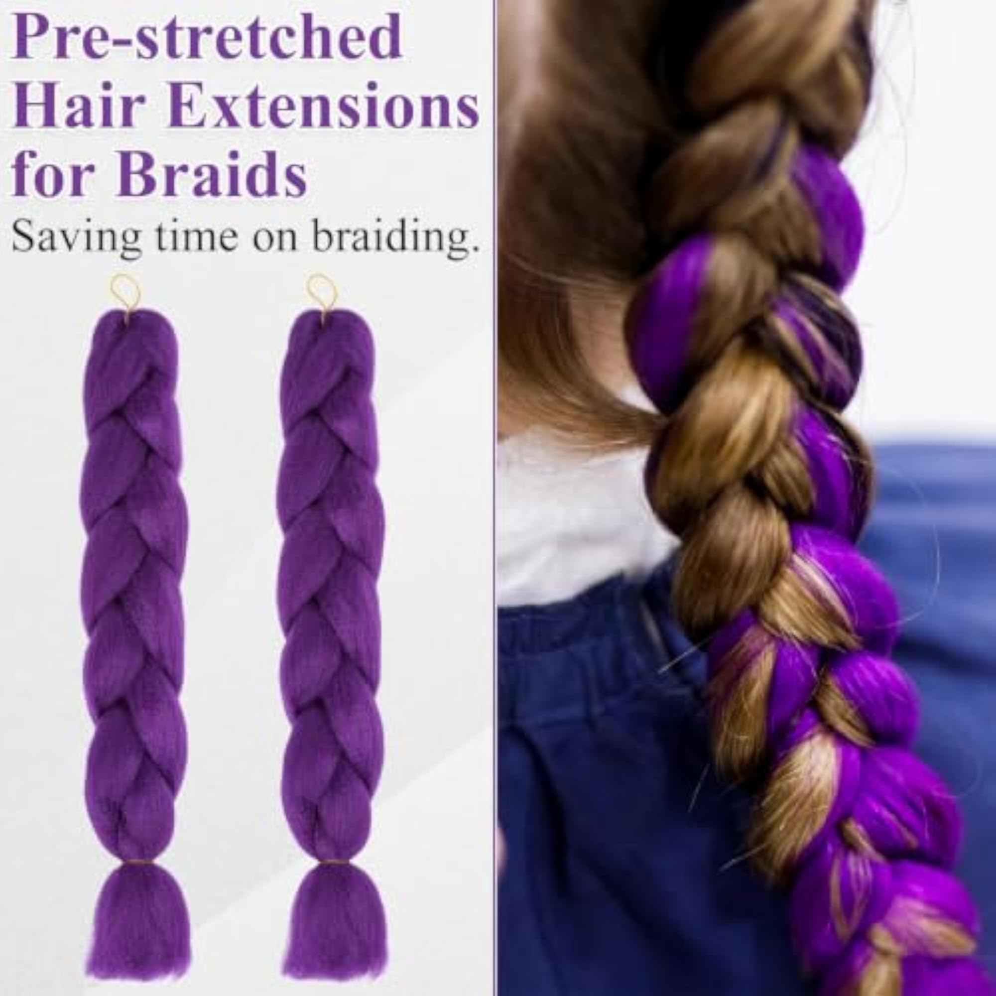 2PCS Pre Stretched 22 Inch Purple Braids Ponytail Extensions
